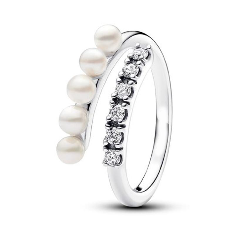 

Real 925 Sterling Silver Treated Freshwater Cultured Pearls & Pave Open Ring For Women Wedding Rings Bridal Jewelry