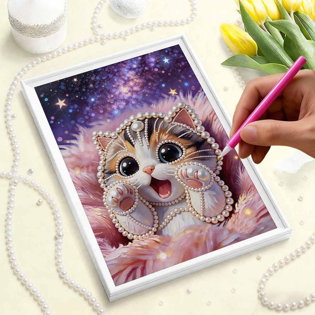 DIY Cute Little Cat Pearl Art Painting for Adults/Beginners Gift Home Decor Pearl Gem Paintings Picture Arts Craft 30x40cm Without Frame
