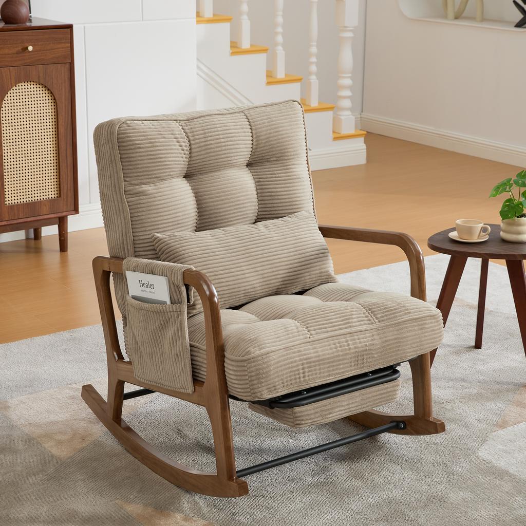 Modern Rocking Chair with Footrest, Lumbar Pillow & Adjustable Backrest – for Living Room, Bedroom & Children's Room (Khaki Corduroy)