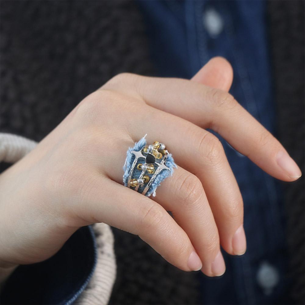 Three Layer Y2K Opening Rings Heart Metal Beaded Rings Fashion Denim Rings  Women
