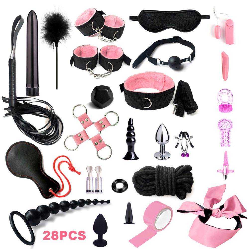 Fetish BDSM Kit Set Sex Toy Handcuffs for Woman Adult Supplies Handcuffs Whip Anal Plug Vibrator Bondage Rope Sexual Sexy Game