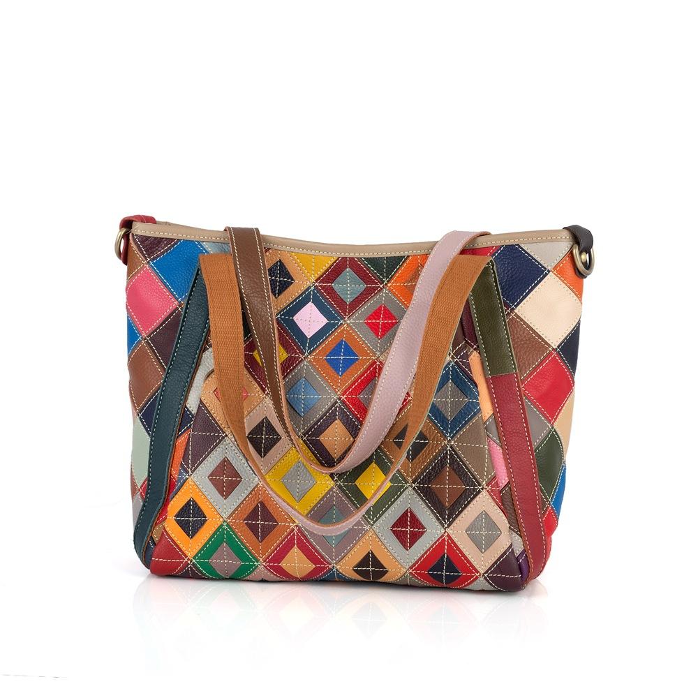Leather Cowhide Bag Ethnic Style Color Splicing Contrasting Color Handmade Plaid Shoulder Messenger Bag Casual Women Bag