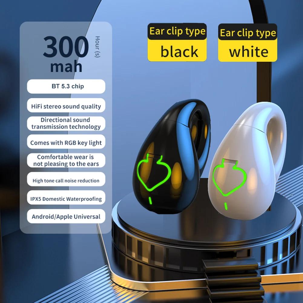 HIFI Stereo Single Ear Clip Earphones Bluetooth-Compatible 5.3 Handsfree Earbuds Bone Conduction Sport Gamer Headset