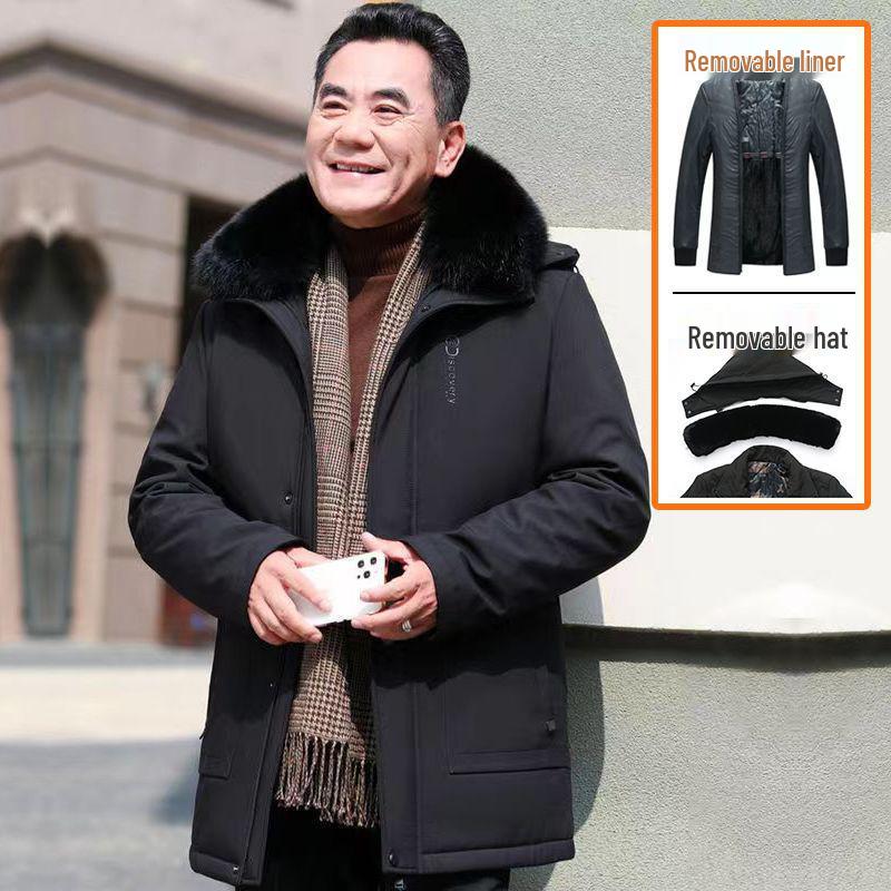 Men's Mid-Length Winter Jacket with Fleece Lining – Warm Down Cotton Coat for Middle-Aged and Elderly Dads