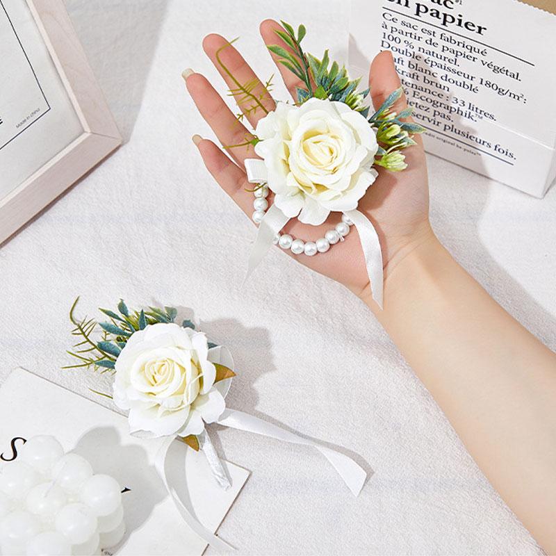 1 pz Fiore Artificiale Accessori Matrimonio Corsage da Polso Bottoniera Matrimonio Braccialetti per Damigelle Rose di Seta