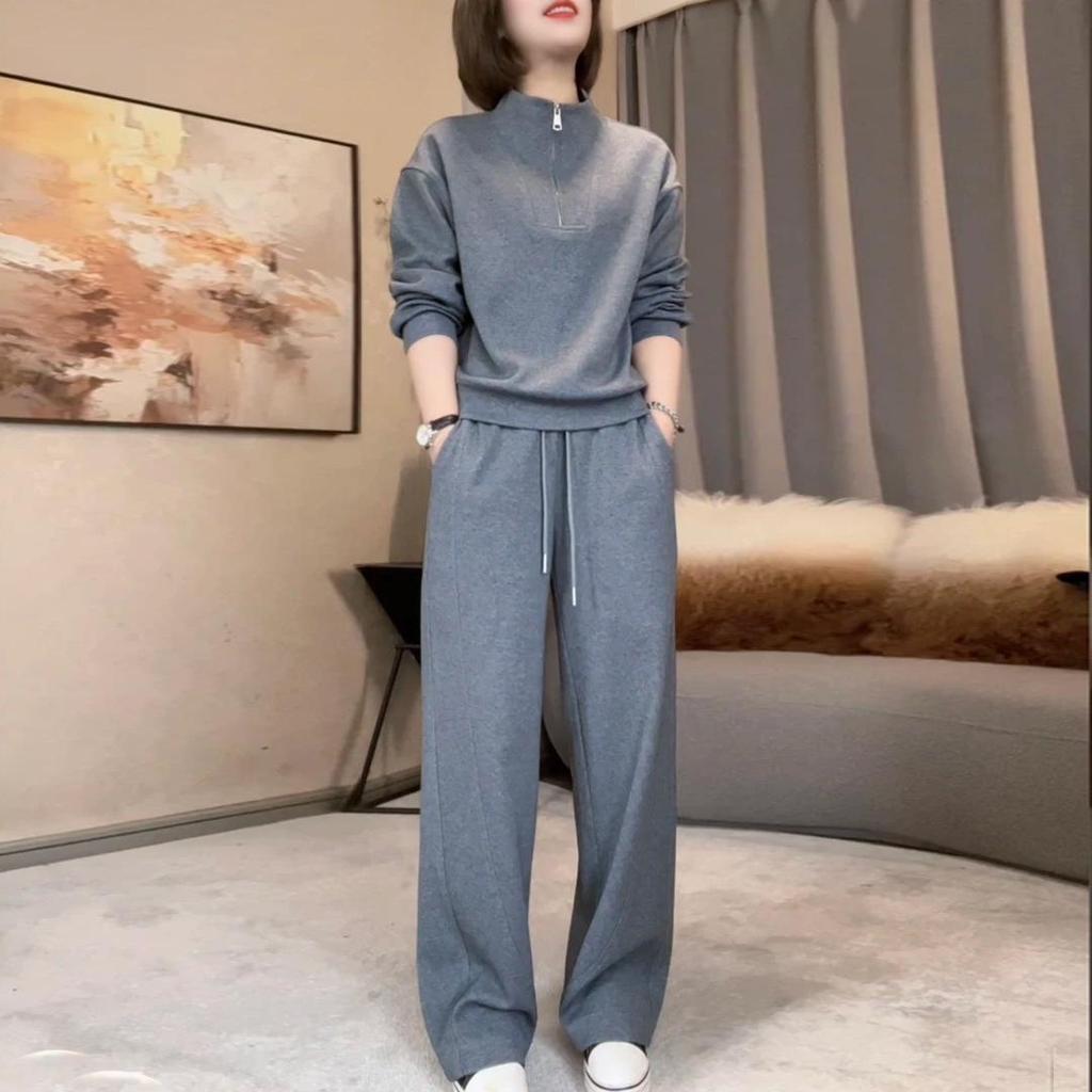 Women's 2025 Spring/Autumn Casual Slimming Sweatshirt Set with Stand-up Collar Design