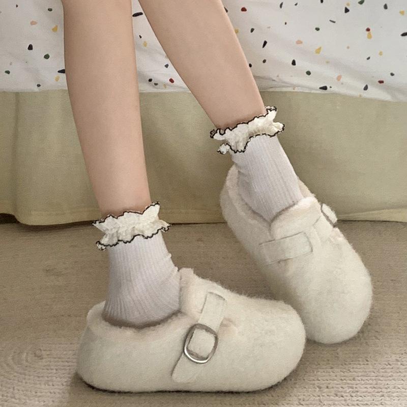 Warm flat-bottomed temperament one-pedal thickened child white fashionable winter cotton shoes women's new velvet