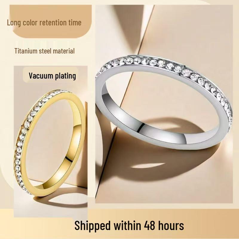 Women's Stainless Steel 2mm Wide Diamond Ring - Simple, Durable, Fade-Resistant Cold Titanium Steel Design.
