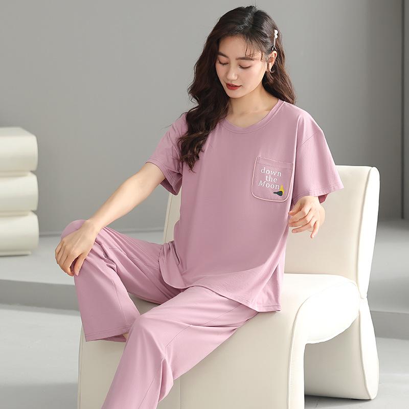 Pajamas with chest pads Women's summer thin Modal short-sleeved cropped pants Middle-aged mother loungewear cool suit