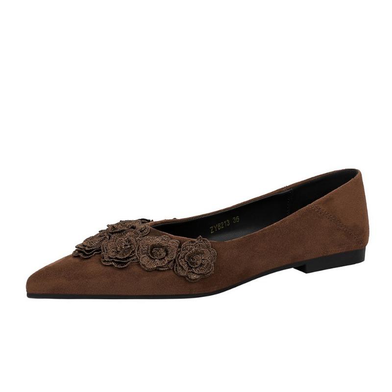 Women's Pointed Toe Suede Flats with 3D Floral Decor Slip-on Elegant Casual Shoes
