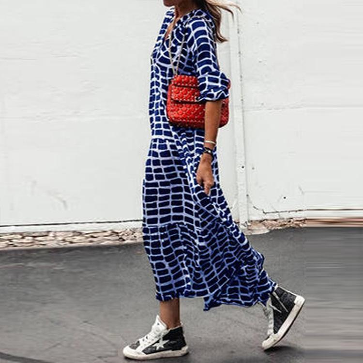 2024 Autumn European & American Women's Slim V-Neck Printed Dress