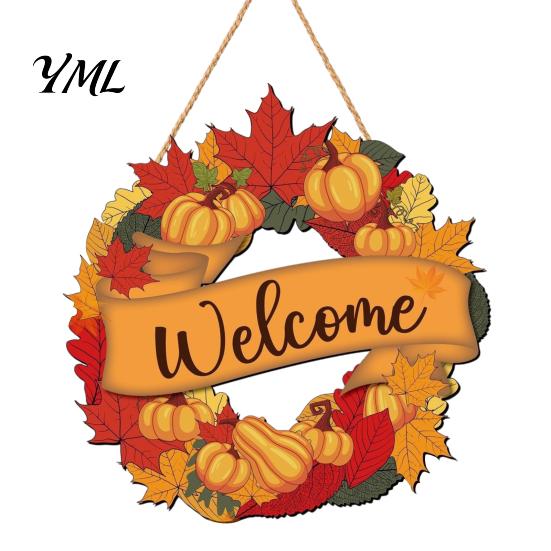 Autumn Harvest Welcome Sign Festival for Front Door, Rustic Wooden Hanging Weather Resistant Entryway with Hemp Rope, Pumpkin Plaque Fall Porch