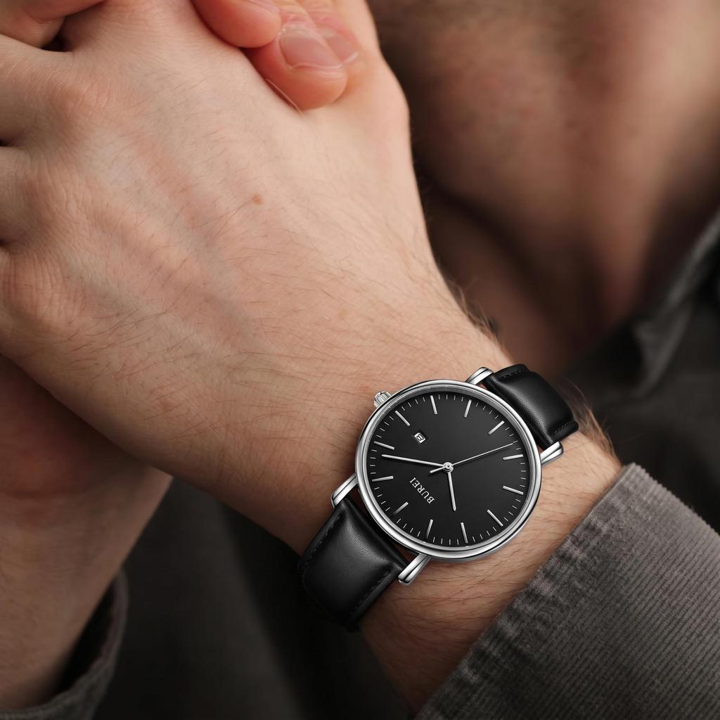 BUREI Men's Watch Made in Japan, Quartz, Simple, Stylish, Slim, Date Function, Water-Resistant, Black