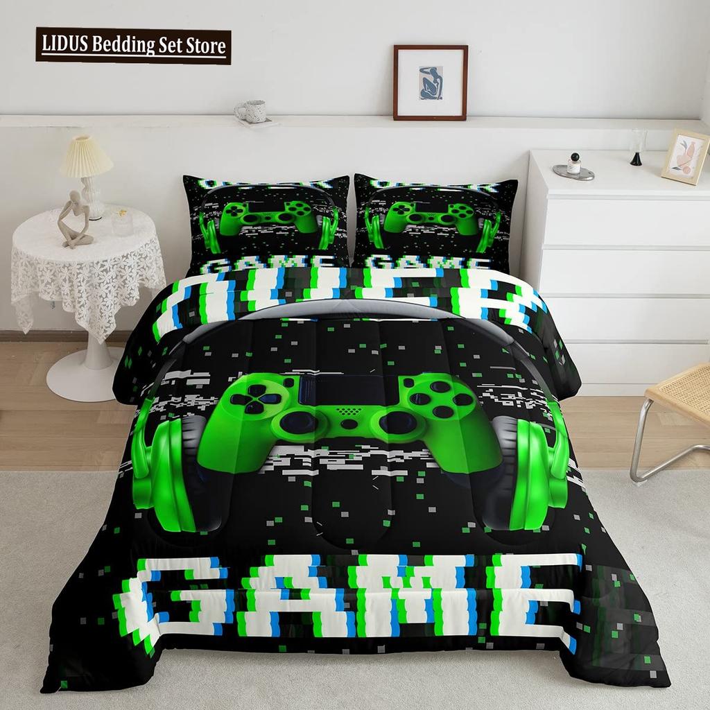Gamer Duvet Cover Set Rotating Music Comforter Cover Gamepad Gaming Bedding Set For Boys Headphone Bedspreads Cover Queen Size