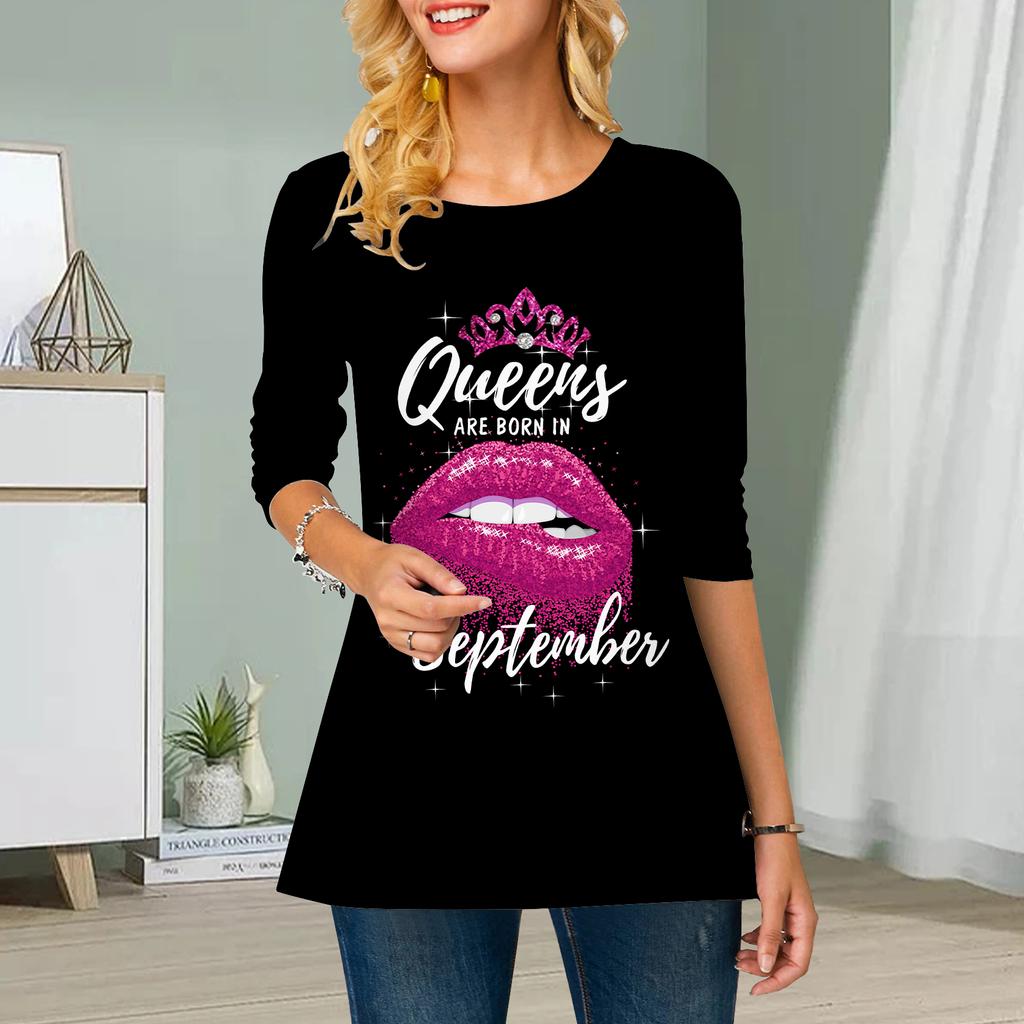 Plus Size Women Flower Red Lips Print Round Neck Casual Loose Long Sleeve Top