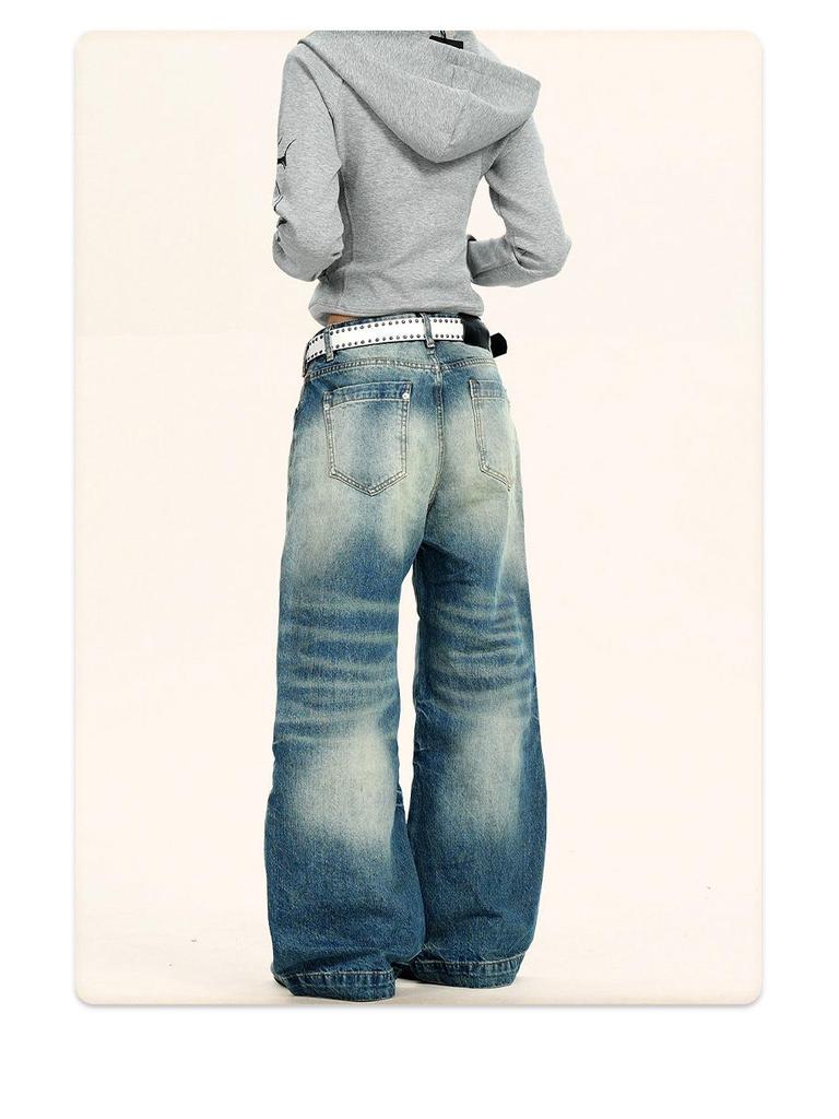 Yongfang American Retro Deep Blue Jeans: Unisex Casual Loose Fit, Cat Whiskers Design, Wide Leg, Straight Long Pants.