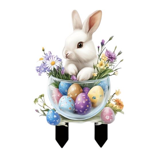 Easter Bunny Garden Stakes Outdoor Decor, 2D HD Printing Acrylic Rabbit & Colorful Eggs Ornaments with Weatherproof Design, Easy-Insert Spike