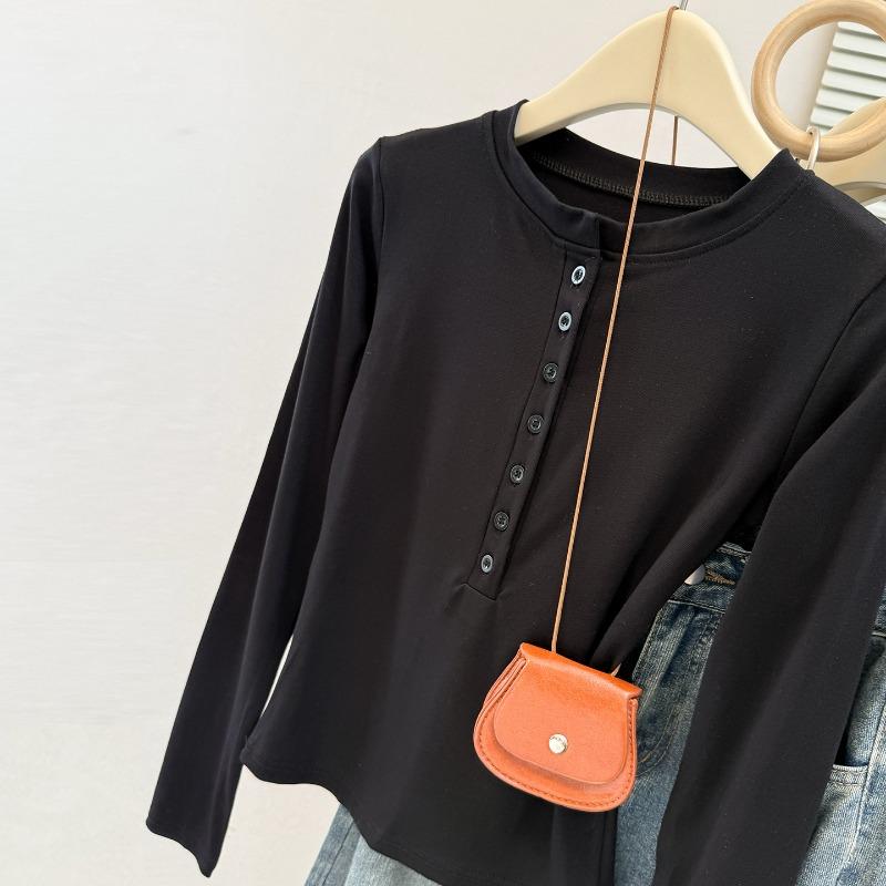 Real shot button crew neck long sleeve T-shirt women's early autumn slim fit bottoming shirt sweet spice girl top