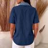 Damen Freizeit Denim Kragen Patchwork Leinen Baumwolle Hemd Top Kurzarm Knopfleiste Leicht Atmungsaktiv Sommer Bluse