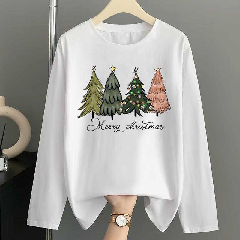 (Asian Size) Style Merry Christmas New Year Graphic Tee Women Autumn Winter Casual Fashion Top O-neck Clothing Print T Shirt Long Sleeve T-shirts
