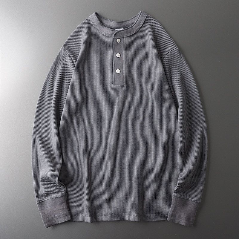 American Style Retro Heavy-Weight Waffle Pattern Long Sleeves Henley Shirt