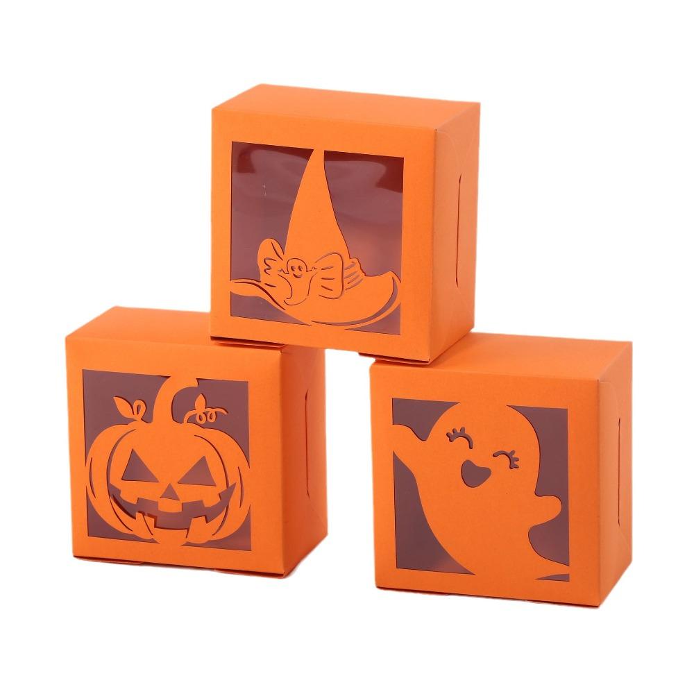 50PCS Square Halloween Candy Gift Box Kraft Paper Ghost/Pumpkin/spider Pattern Candy Packaging Box Transparent Window Cookie Box