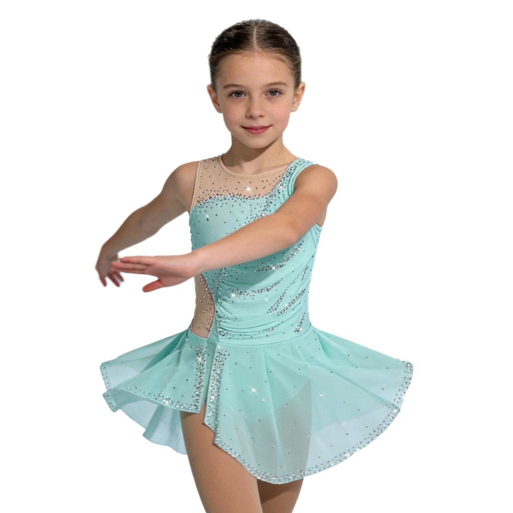 Girls Figure Skating Dress Sleeveless Sparkly Rhinestones Ruched Mesh Built In Briefs Dancewear