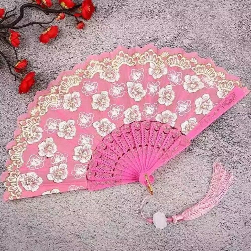 Hanfu Fan Flower Pattern Chinese Folding Fan Traditional Vintage Handheld Fan with Tassel Portable Decorative Fan Cultural Event