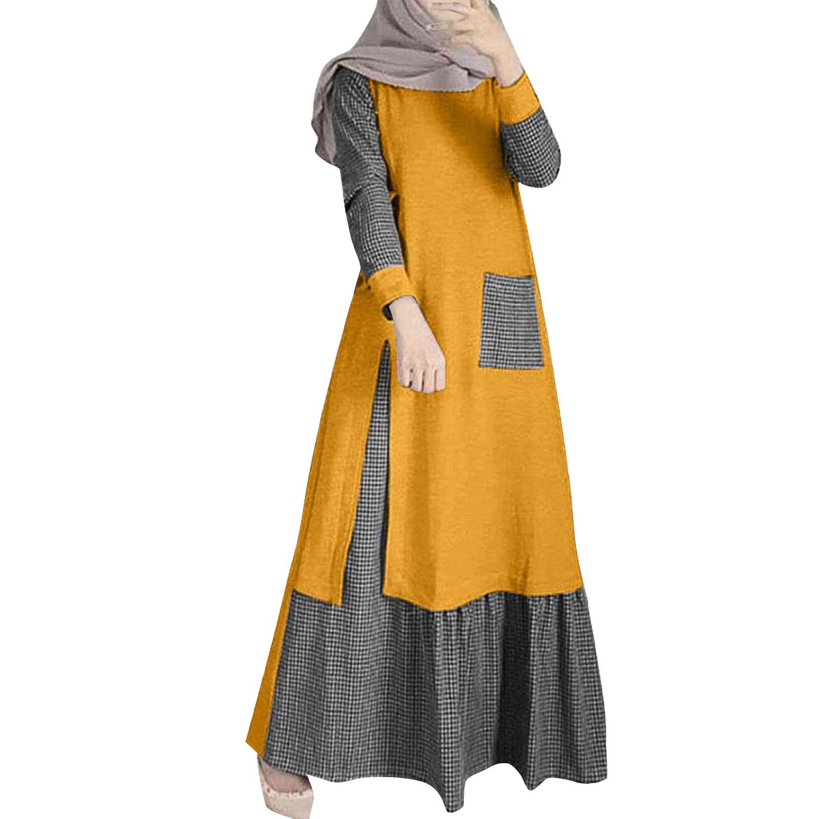 

Мусульманские женские платья Креативные повседневные платья в стиле пэчворк с длинным рукавом и круглым вырезом XL жёлтый