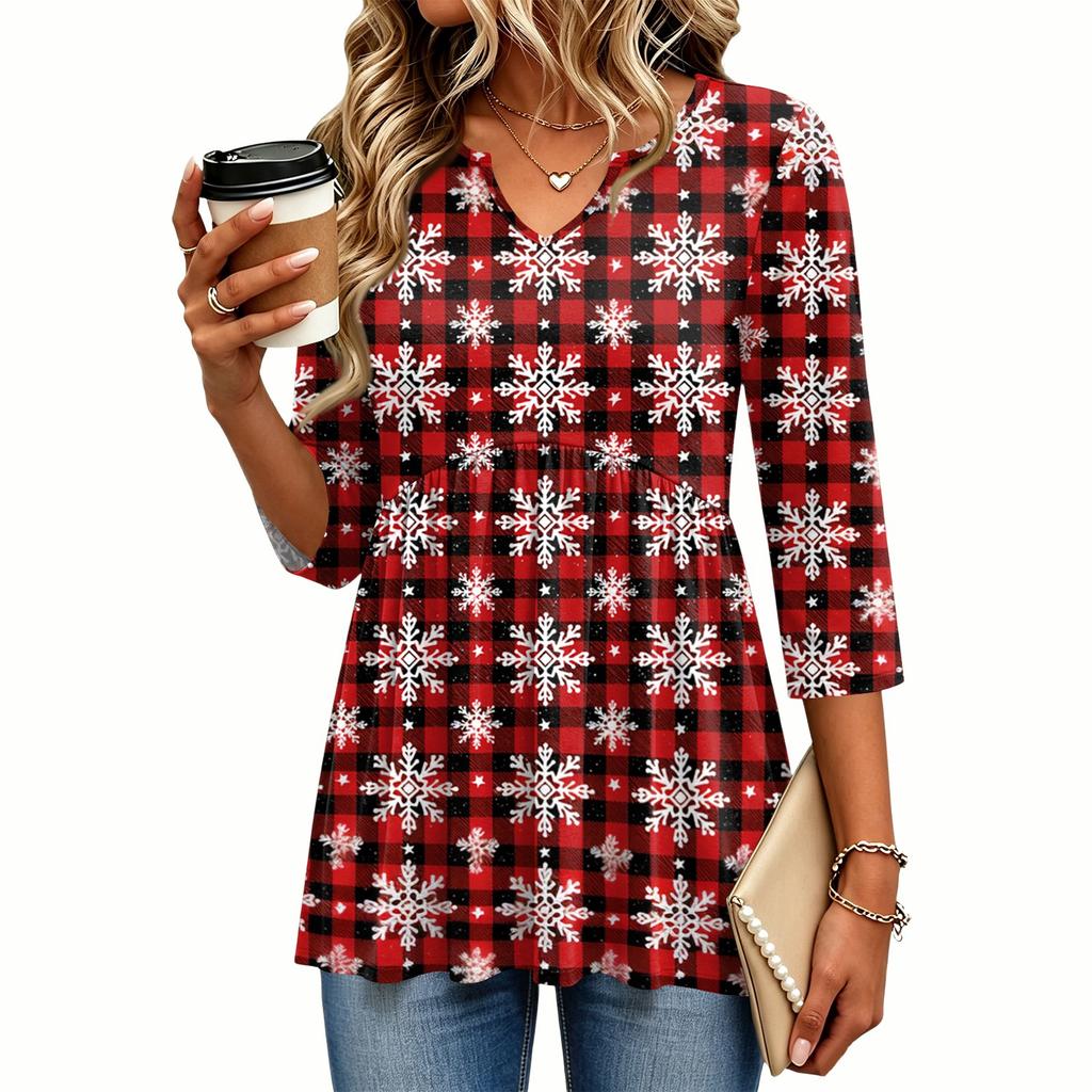 Women's Christmas Print V-Neck Three-Quarter Sleeve Casual Shirt for Holiday