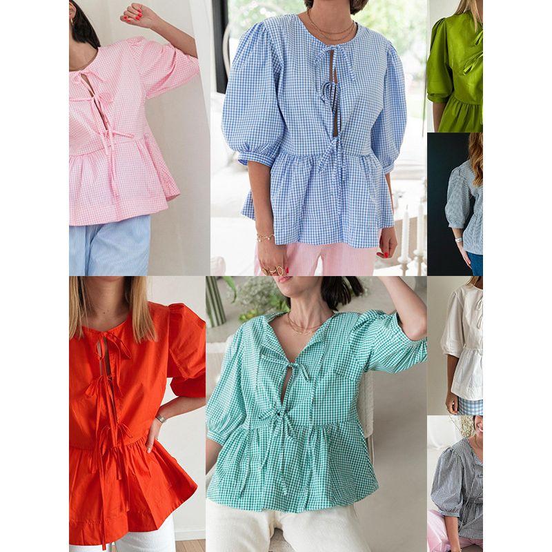 European and American Women clothes Top Fashion Stripe Patchwork Shirts Lazy Plaid Top Women