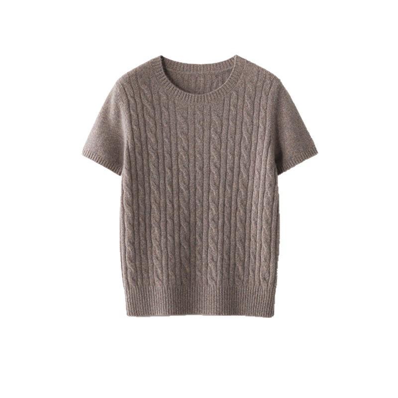 Conscien Aurora Cashmere Cable Knit Vertical Stripe Short Sleeve Top