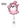 Clear Acrylic Retractable Badge Reel Halloween Ghost Reel, Glitter Holder Clip, Cute Pink for Collar or Bag ID Name Women Nurse Teacher Medical Office