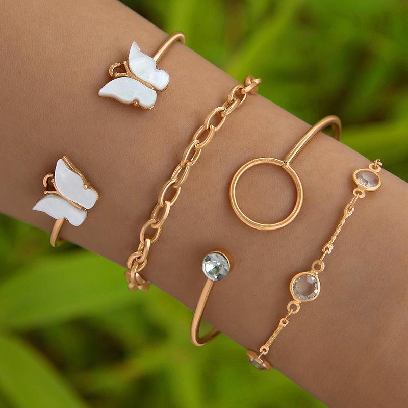 Accessories, Butterfly Imitation Gemstone Hollow Four-layer Bracelet, Geometric Opening Four-piece Bracelet Set