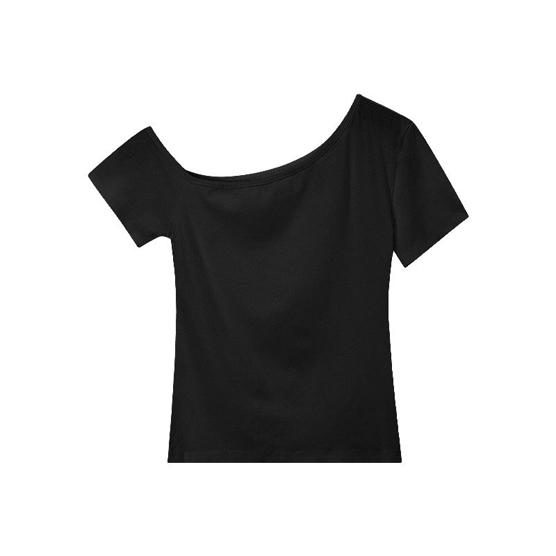 Shoulder-Baring Slimming Silm Niche Style Black Short-Sleeved T-shirt