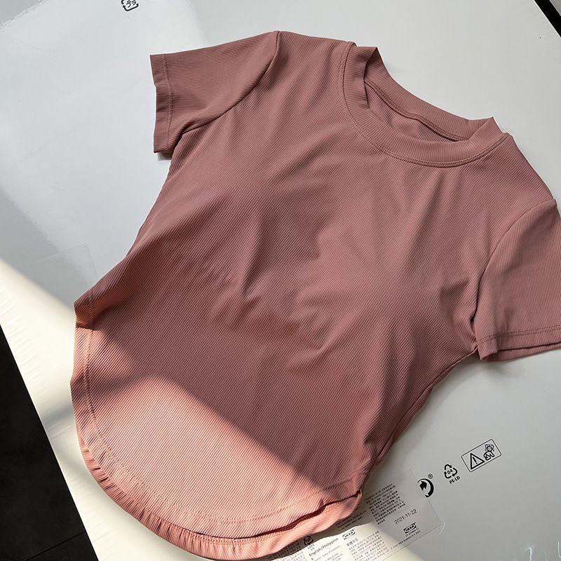 Lu Same Style with Chest Pad Tight Sexy Yoga Clothes Women's Soft Midriff Outfit Sports Tops Silm Fitness T-shirt Short Sleeve