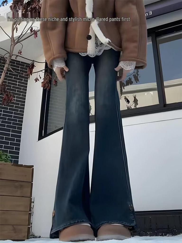 Retro Blue High Waist Stretch Flare Jeans for Women - Plus Size, Slimming, Hip-Covering, Autumn Fashion.