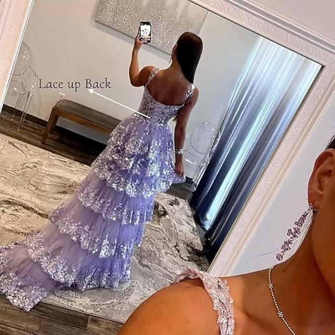 Long Layered Lace Tulle Ball Sexy Celebrity Dress Thin Straps Shiny Formal Gala Dress
