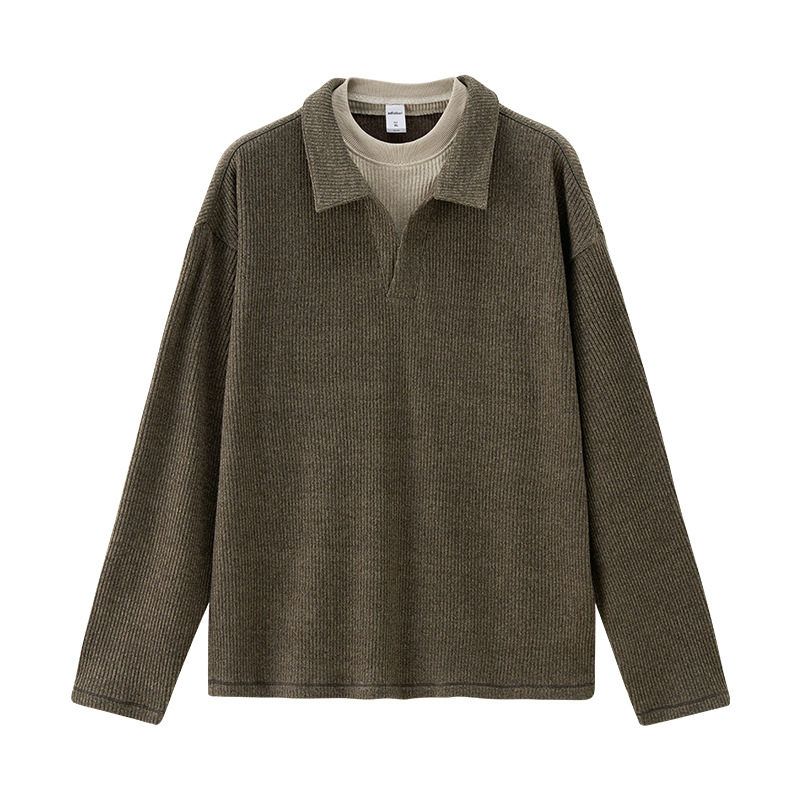 American Retro Old Money Style Two-Piece Spliced Long-Sleeve T-Shirt for Men and Women, 2025 Autumn Trendy Brand Collared Knit Top