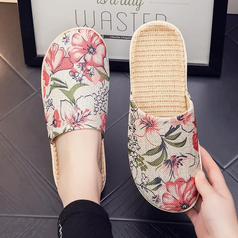 Indoor Comfortable Breathable Linen All Season Home Fabric Cool Slippers for Men and Women Couple's Flooring Soft Bottom Home Use