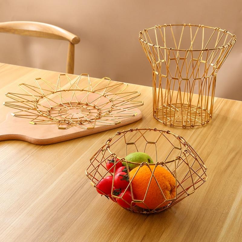 Foldable Fruit Bowl Large Capacity Foldable Creative Fruit Basket Scalable Iron Wire Basket Desktop Storage Hollow Basket