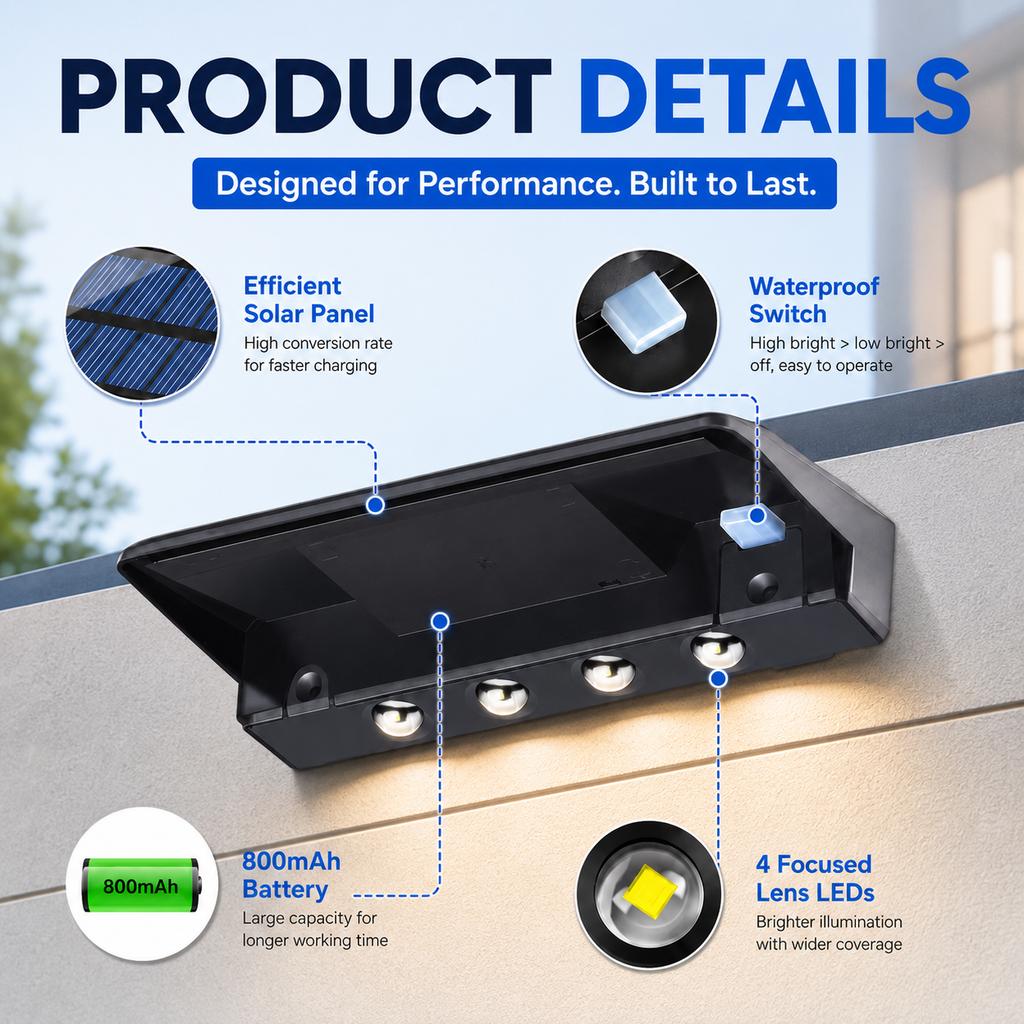 Xiaomi 2 Pack Solar Wall Lights 4 LED Solar Fence Lights Outdoor Waterproof Solar Deck Lights Wall Lights for Fence Post Yard Pathway