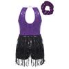 Meisjes Glanzende Pailletten Leotard Jurk Keyhole Achterkant Kwastjes Mouwloos Latijnse Jazz Hoofddeksel Set