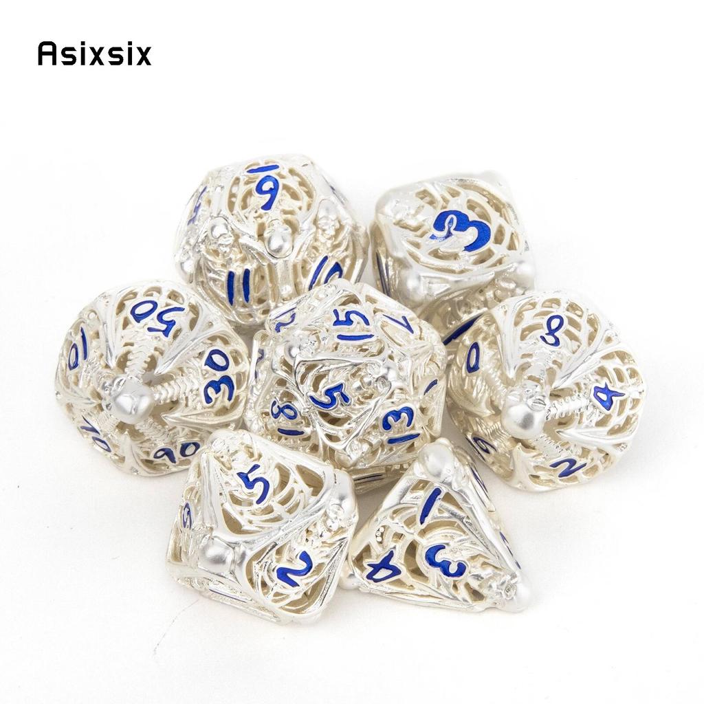 7 Pcs White Blue Skull Metal Dice Hollow Metal Polyhedral Dice Set Suitable for Role-Playing RPG  Board Game Card Game