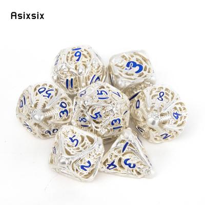 7 Pcs White Blue Skull Metal Dice Hollow Metal Polyhedral Dice Set Suitable for Role-Playing RPG  Board Game Card Game
