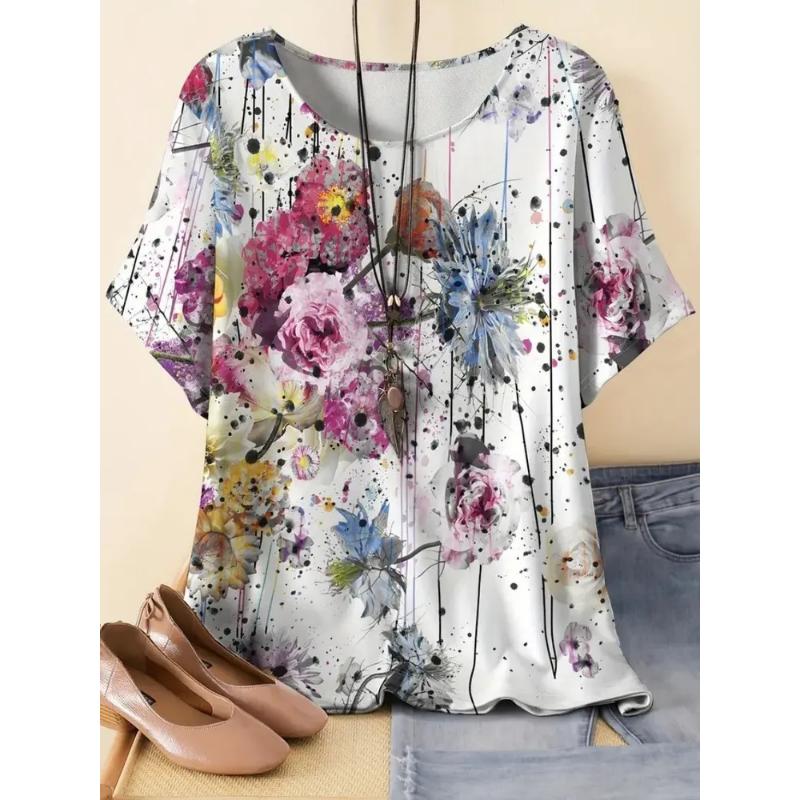 Fashion Women's Flower Short Sleeve Crew Neck T-Shirt 3D Flower Color Printing Tops Daily Wear