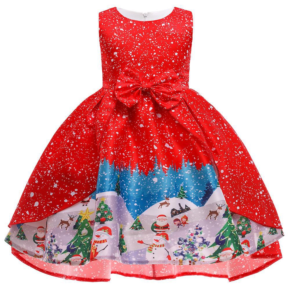 Girls Christmas Princess Dress with Santa Snowflake Print - Holiday Party Dress