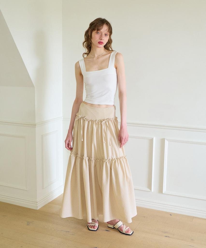 Salon De Yon Ribbon Shirring Gingham Check Maxi Skirt_ Beige