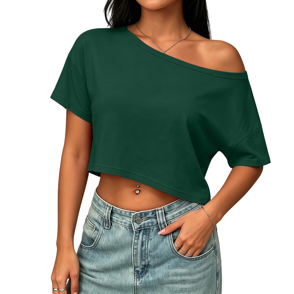 Dámský ležérní crop top s odhalenými rameny, volný střih, krátký rukáv, jednobarevný, základní letní tričko