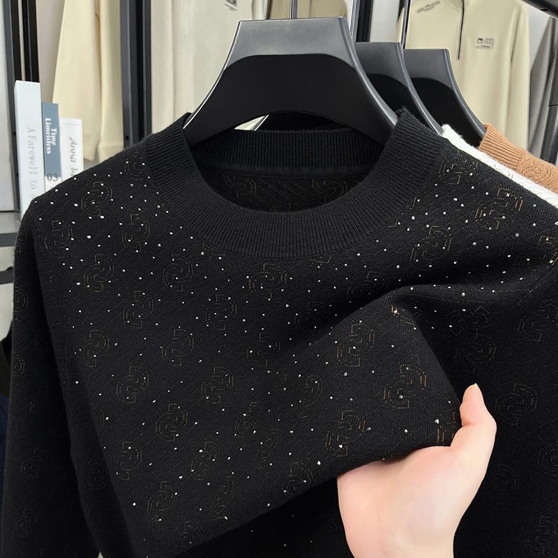Wovey Heren O-hals Gebreide Trui Herfst Winter Diamant Ambachtelijk Print Lange Mouw Binnenkleding Herenkleding Top M zwart